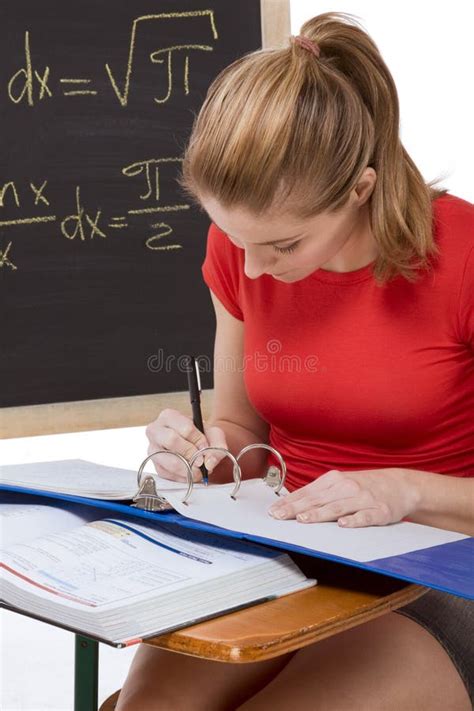 Caucasian Schoolgirl By Desk Studying Math Exam Stock Photo Image Of