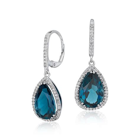 London Blue Topaz Elegant Halo Drop Earrings In Sterling Silver 14x9mm