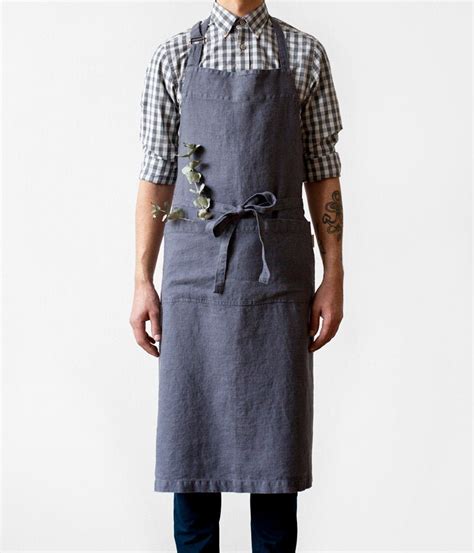 Dark Grey Linen Chef Apron Mens Apron With Pockets Barber Etsy