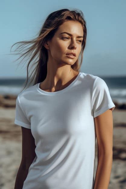 Une Femme Portant Un T Shirt Blanc Se Tient Debout Sur Une Plage