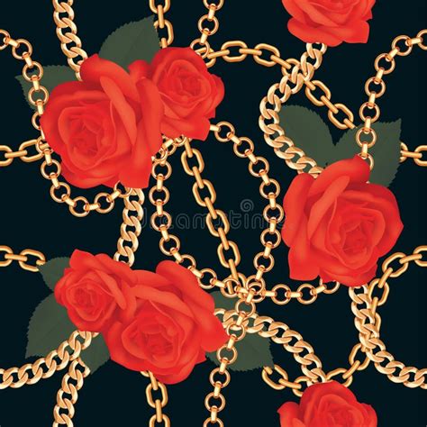 Seamless Pattern Background With Golden Chains And Red Roses On Black