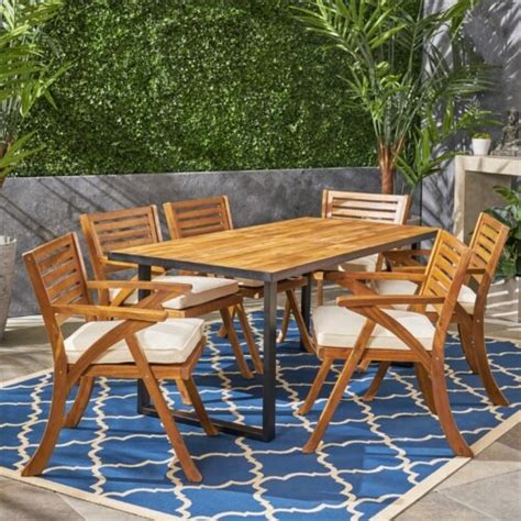 Noble House Lovell Piece Outdoor Acacia Wood And Iron Dining Set In