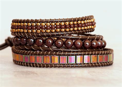 Garnet Gemstone Seed Bead And Tile Beaded Leather Triple Wrap Bracelet