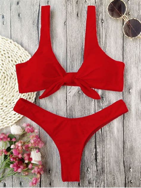 Padded Knotted Thong Bikini Red Bikinis L Zaful