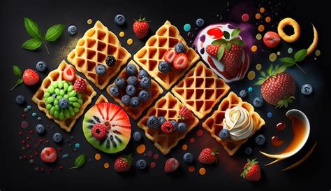 Premium Photo Delicious Belgian Waffles With Berries Fruits Whipped