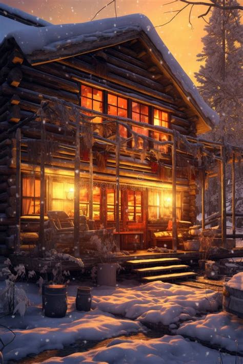 Snow-covered Log Cabin with Warm Glowing Windows Stock Image - Image of ...