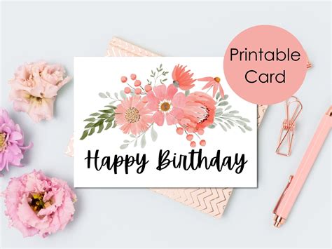 Printable Birthday Card, Happy Birthday Card, Simple Watercolor Floral ...