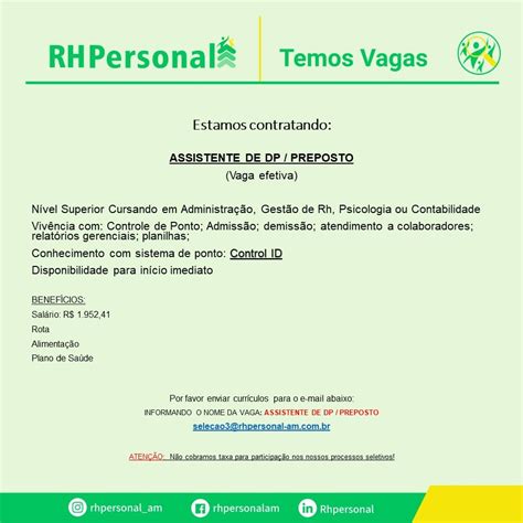 Rh Personal Seleciona Para Seu Cliente Assistente De DP Preposto Envie