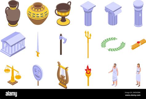 Ancient Greece Icons Set Isometric Set Of Ancient Greece Vector Icons