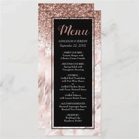 Rose Gold Glitter Marble Script Black Wedding Menu Zazzle In