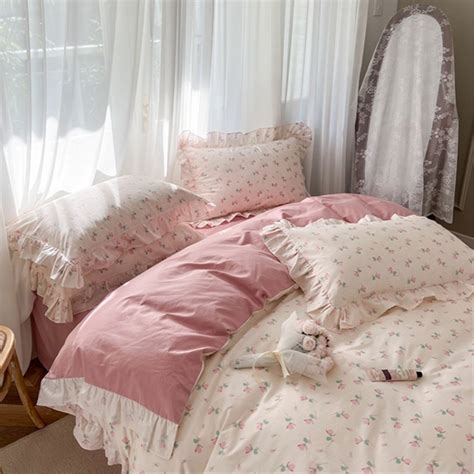 Pink Floral 100 Cotton Duvet Cover Setprincess Ruffle Style Etsy