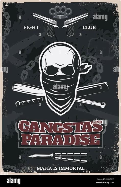 Mafia and gangster fight club poster with drawn skull in bandana and weapons on dark background ...