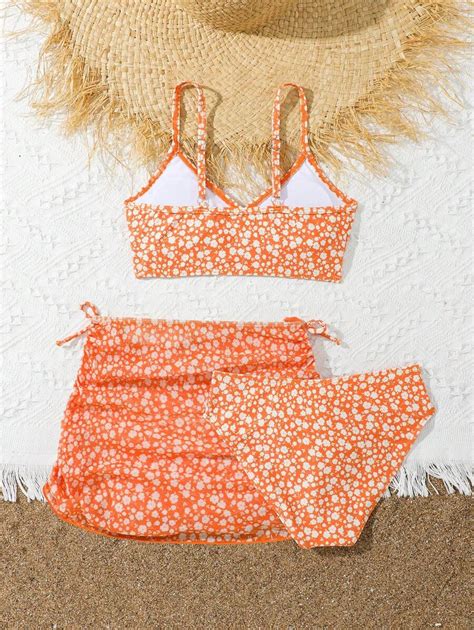 Conjunto de bikini con estampado floral diminuto para niña