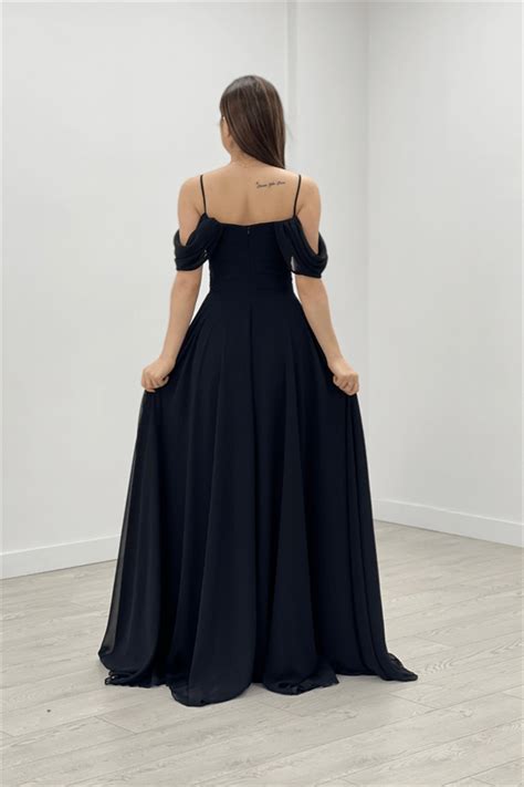 Chiffon Suspended Flywheel Detailed Evening Dress Black