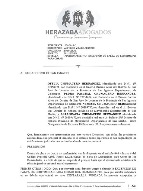 Excepcion Legitimidad Para Obrar Y Otro Proceso Civil Pdf Ley