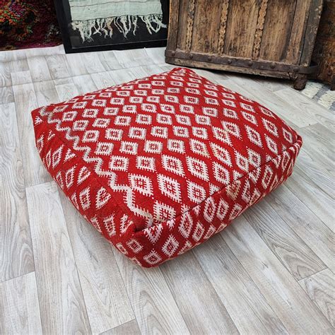 Red Kilim Pouf Moroccan Vintage Pouf Floor Cushion Ottoman Floor