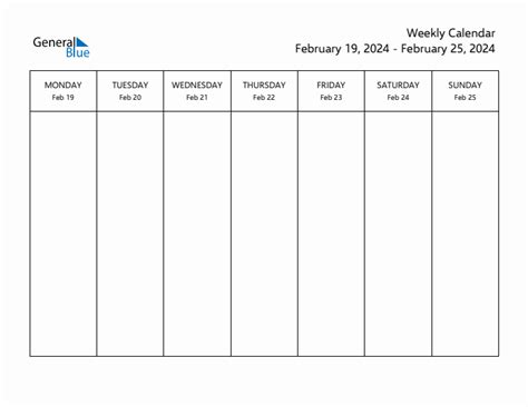 Weekly Calendar with Monday Start for Week 8 (February 19, 2024 to ...