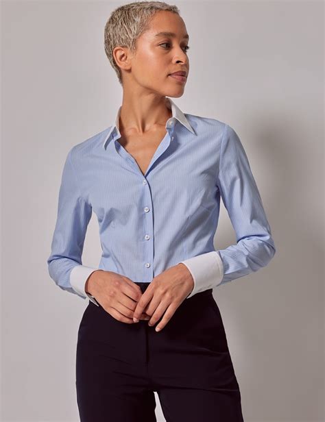 Women S Executive Blue White Stripe Fitted Shirt White Collar And Cuffs