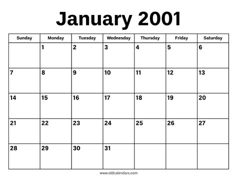 January 2001 Calendar Printable Old Calendars