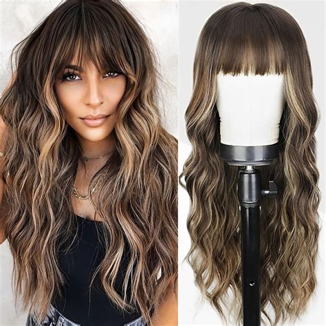 Ombre Dirty Blonde Wigs With BangsAsh Blonde Long Wavy Wig For WomenLong Curly Synthetic Hair