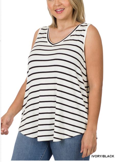 Zenana 2322 Plus Striped Sleeveless V Neck Tank Top Round Hem Ebay