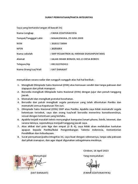 Lampiran 1 Surat Pernyataan Pakta Integritas Peserta Lomba Osn Smp Pdf