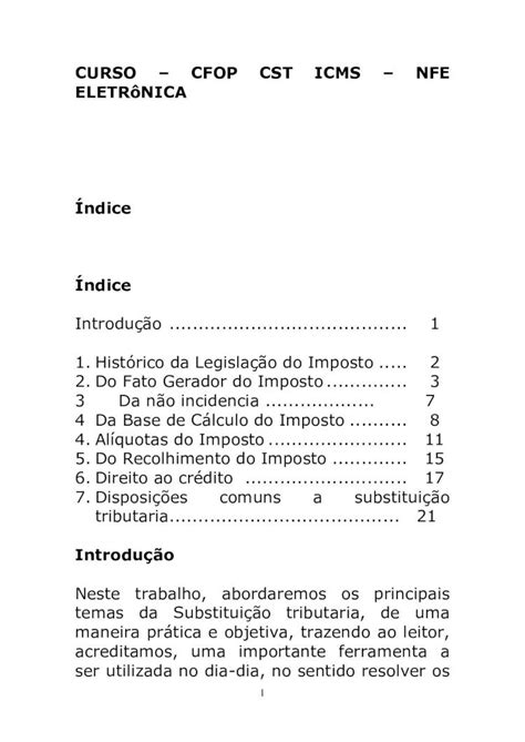 PDF CURSO CFOP CST ICMS NFE ELETRôNICA Índice pdf depositada em