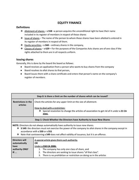 UNIT 10 11 BLP Company Finance Notes 2 EQUITY FINANCE Definitions