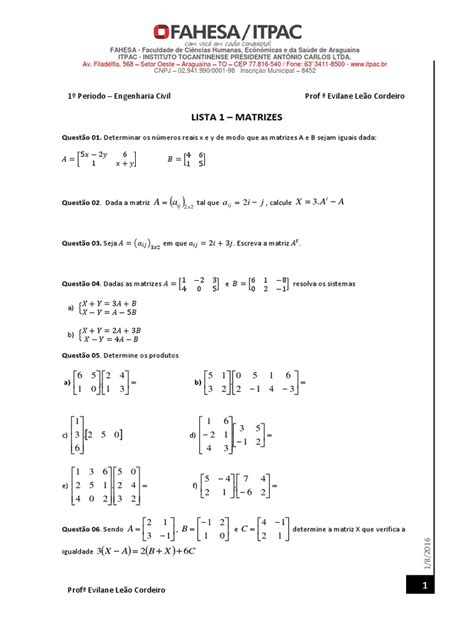 Lista 1 Matrizes Pdf Matriz Matemática Álgebra Linear