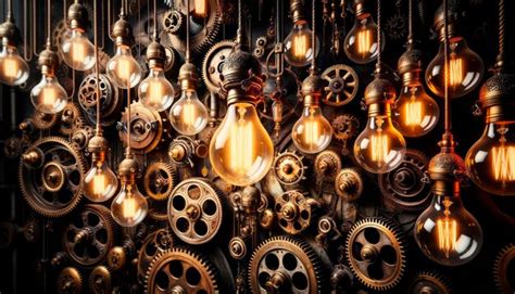 Premium AI Image Retro Light Bulbs And Gears Hanging On A Wall In A