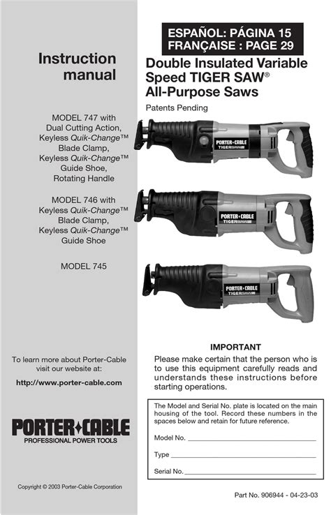 PORTER-CABLE TIGER SAW 745 INSTRUCTION MANUAL Pdf Download | ManualsLib