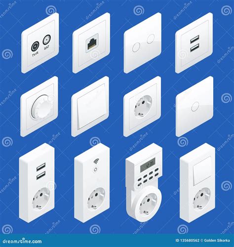 Isometric Switches And Sockets Set Ac Power Sockets Realistic