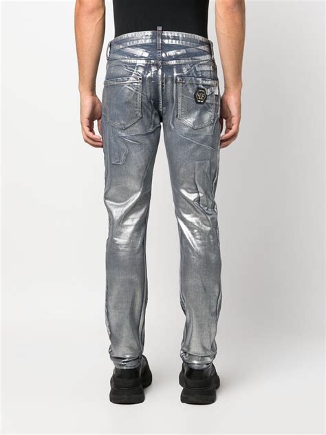 Philipp Plein Metallic Effect Straight Leg Jeans Blue Farfetch Uk