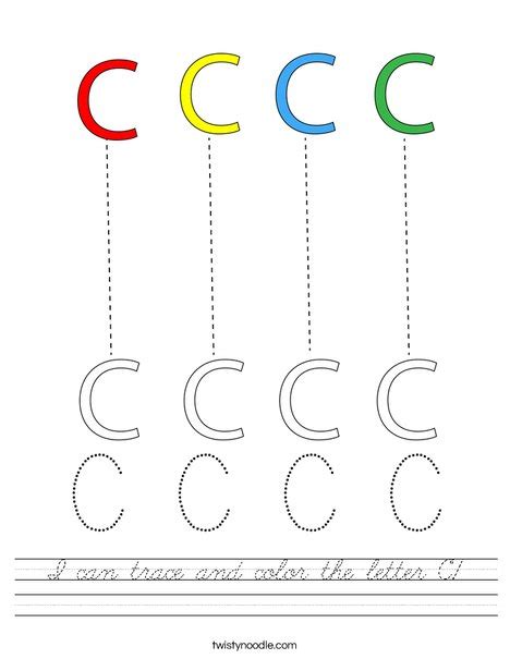 I Can Trace And Color The Letter C Worksheet Cursive Twisty Noodle