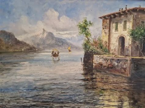 DIPINTO OLIO SU Tela Paesaggio Lacustre Firmato A Brioschi XX