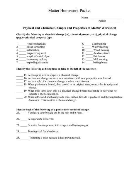 Changes In Matter Worksheet - Abhayjere.com