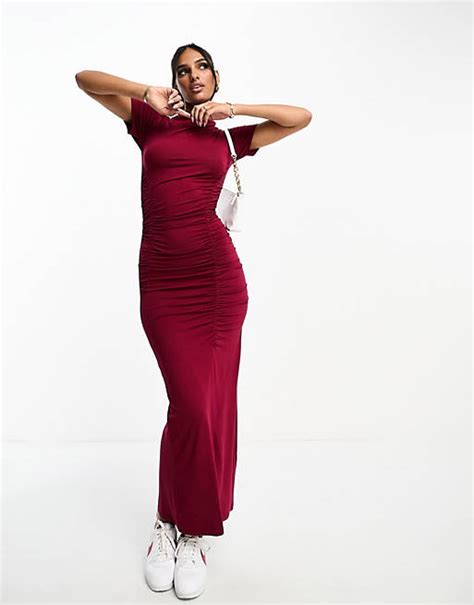 Asos Design Midi Dress With Asymmetric Neckline And Ruched Seams In Burgundy Asos