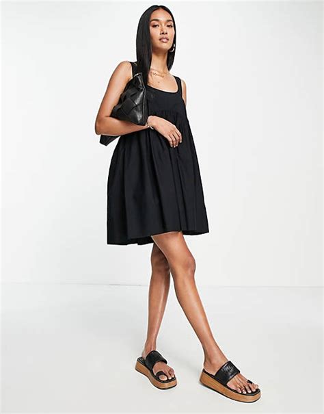 Asos Design Square Neck Mini Smock Sundress In Black Asos