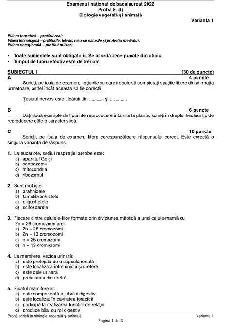 BAC 2022 Subiecte La Biologie Baremul A Fost Publicat HotNews Ro