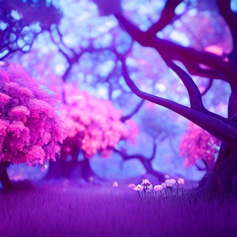 Un bosque morado con un árbol rosa en el medio Foto Premium