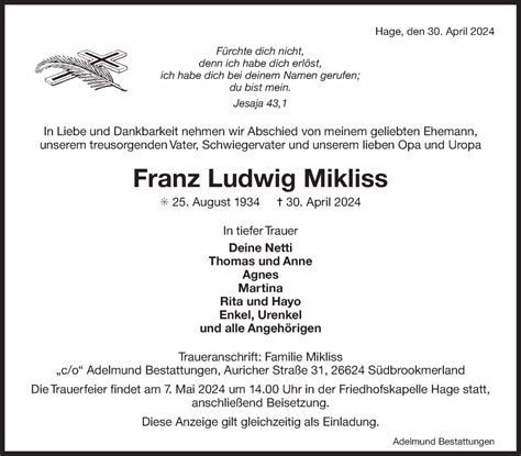 Traueranzeigen Von Franz Ludwig Mikliss Ok Trauer De