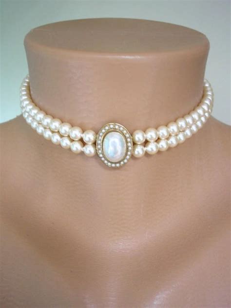 Pearl Choker Great Gatsby Pearl Necklace 2 Strand Pearls Cream