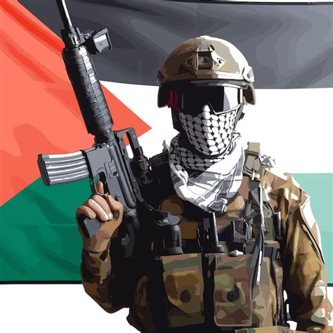 Um Soldado Est De P Uma Bandeira Da Palestina Na M O E Olha Para