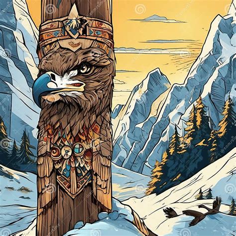 Eagle Carved Totem Pole In Snowy Mountains Stock Illustration