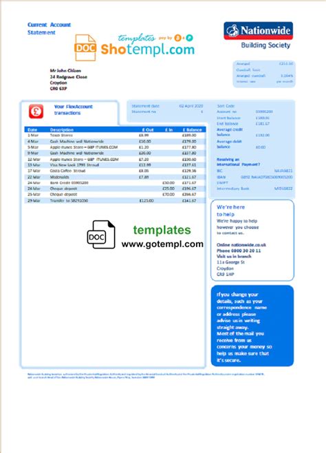 United Kingdom Nationwide Bank Statement Template Word Format Doc