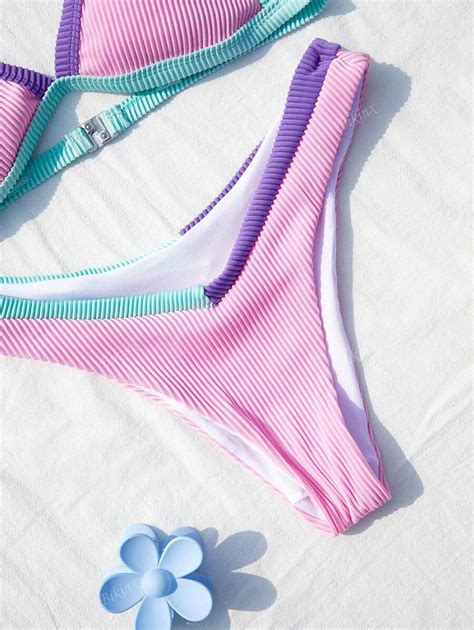 Bikinx Conjunto de Maiô Bikini Sexy de Cores Contrastantes Pequenas Listras nos Lados