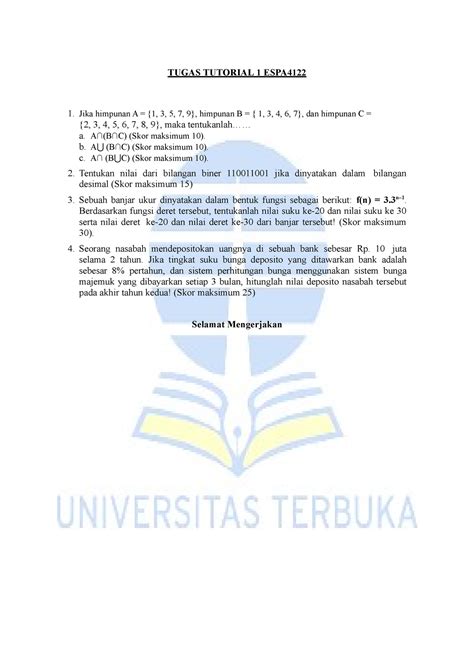 Tugas Tutorial 1 ESPA4122 TUGAS TUTORIAL 1 ESPA Jika Himpunan A 1