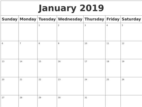 January 2019 Blank Calendar