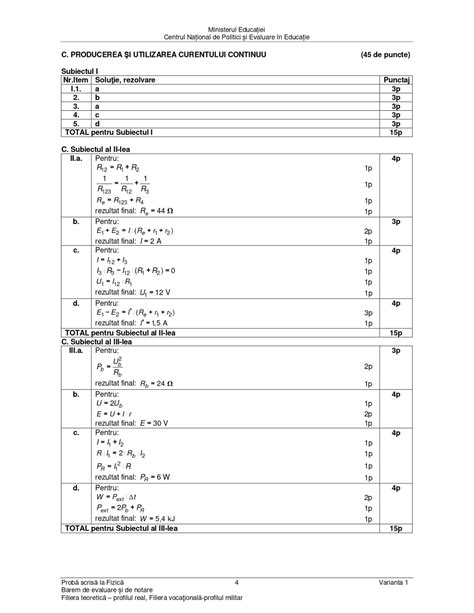 Barem De Notare La Fizic Chimie Biologie I Anatomie Bacalaureat