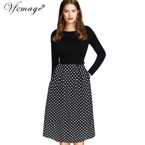 Vfemage Womens Elegant Vintage Autumn Winter Polka Dot Belted Tunic